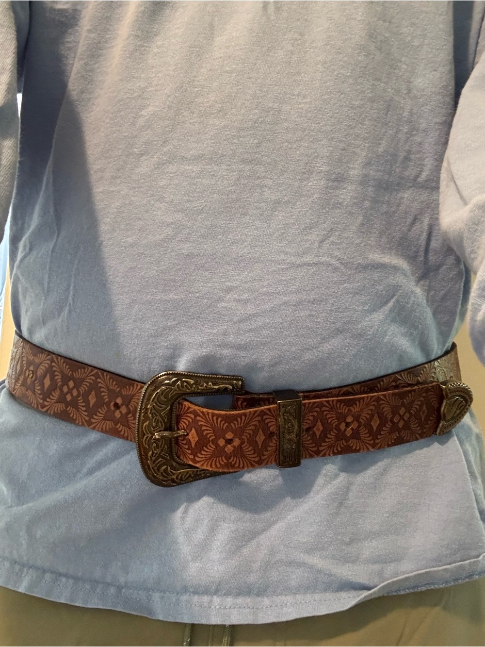 Free People Brown Tooled Western Belt with Engraved Buckle